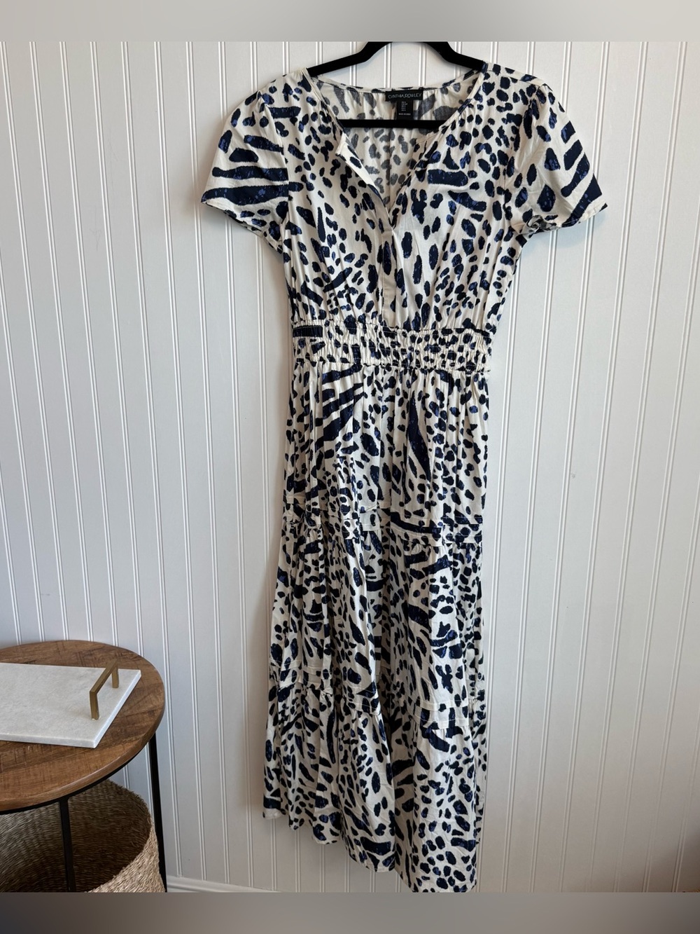 Cynthia Rowley Blue White Leopard Print Maxi Dress Small S Short Sleeve Tiered